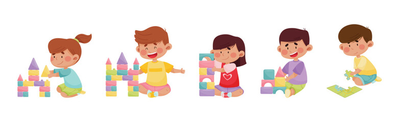 Obraz premium Happy Children Playing Toy in the Nursery Vector Illustration Set