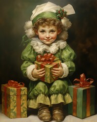 vintage style motif of a cute christmas elf with christmas presents, suitable for greeting cards - ai-generated