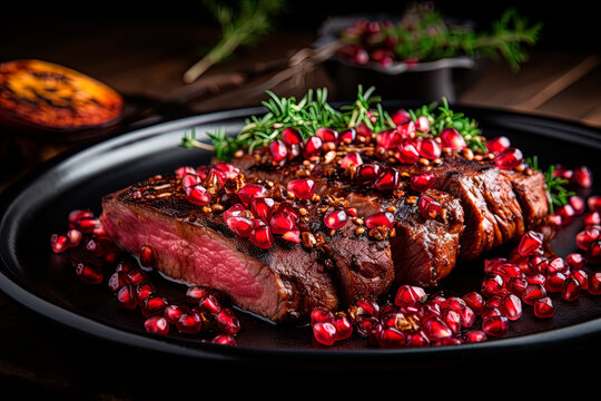 A black plate topped with meat covered in pomegranate. A beef steak. Generative AI