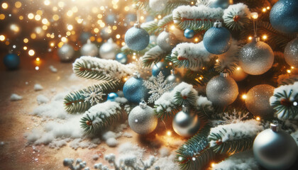 Obraz na płótnie Canvas Postcard background with copy space of Christmas and new year holiday. Christmas tree with gold, blue and silver decorations, snow, bright balls. Concept of celebration. Ai generative