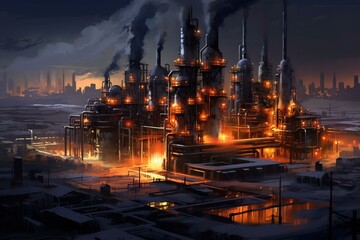 Large industrial plant emitting vapour and lit up by bright lights. Generative AI