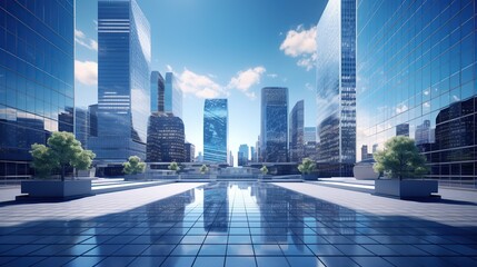 High office building next to contemporary high rise structures with glass mirrored walls. AI generated image