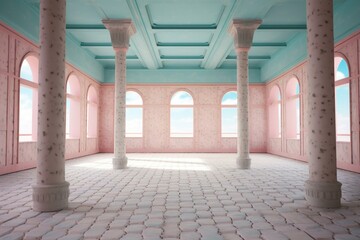 Dull vacant room revealing a subtly patterned pastel 3D structure. Generative AI