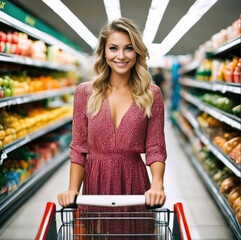 Mujer rubia sonriendo empujando un carrito de la compra en un supermercado 
