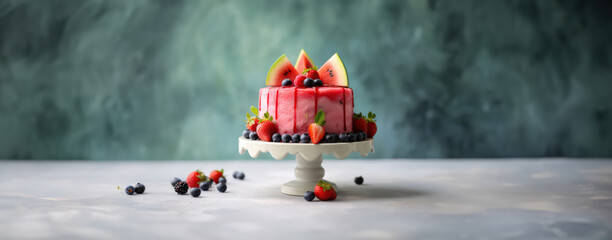healthy watermelon fresh sugar free cake with mixed berries on a cake stand for birthdays and celebration as wide banner with copy space