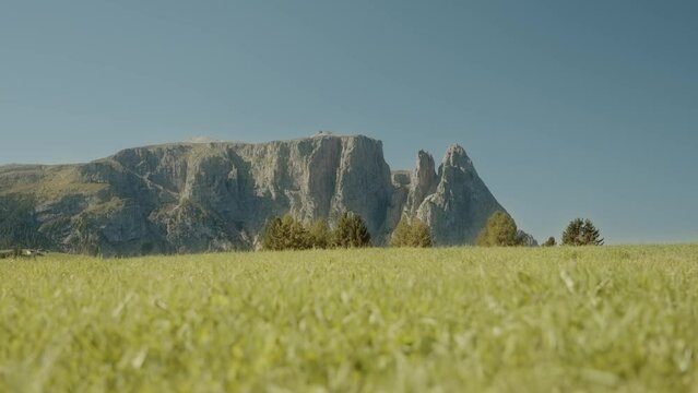 Rocky mountain in front of green meadow