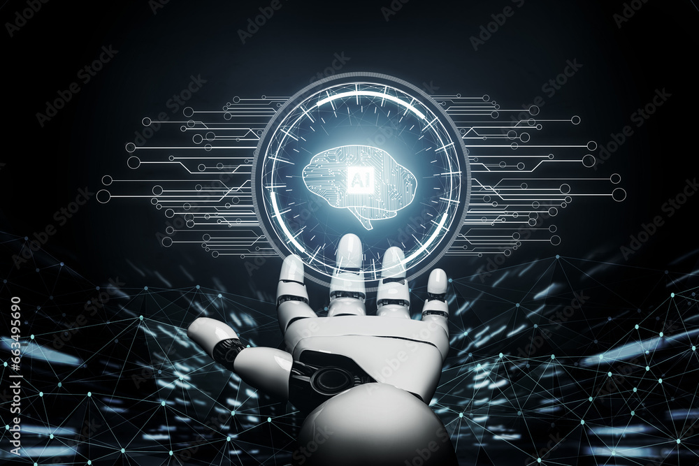 Poster 3d rendering futuristic robot technology development, artificial intelligence ai, and machine learni