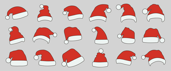 Set of red santa hats. New Year red hat - obrazy, fototapety, plakaty