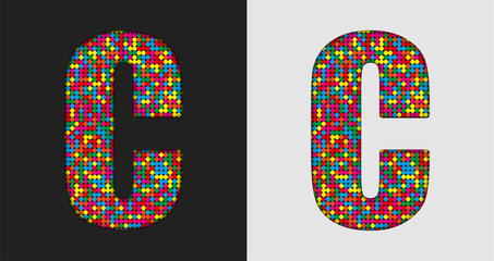 Bubble letter C. Glitter character of colored dots