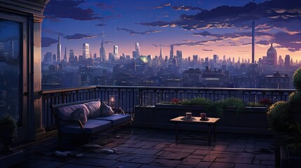  a balcony with a couch and a table on it with a city skyline in the background.  generative ai