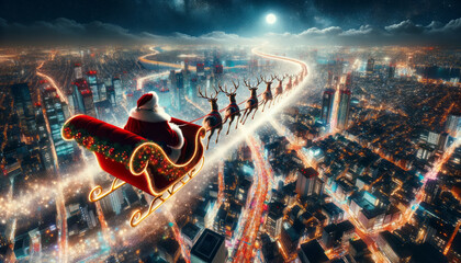 Santa Claus is delivering kids presents on reindeers, sleigh fly over the night illuminated city. Christmas preparation process. Ai generative - obrazy, fototapety, plakaty