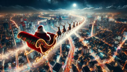 Fotobehang Santa Claus is delivering kids presents on reindeers, sleigh fly over the night illuminated city. Christmas preparation process. Ai generative © ImageFlow