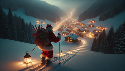 Santa Claus is delivering kids presents on ski. Christmas preparation process. . Ai generative - obrazy, fototapety, plakaty