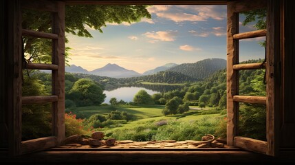  an open window with a view of a lake and mountains.  generative ai