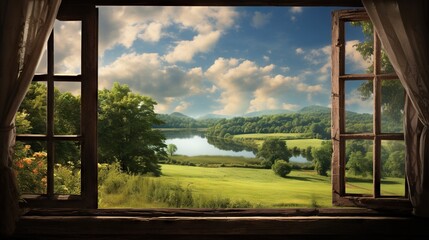 Fototapeta premium a window with a view of a green field and a lake. generative ai