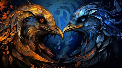 Foto op Plexiglas Munin and Kunin - the nordic ravens in gold and blue © Superhero Woozie
