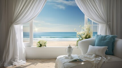 Fototapeta na wymiar a white couch sitting in front of a window with a view of the ocean. generative ai