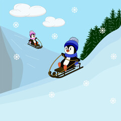 Two penguins sledging down the mountains in winter