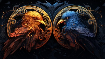 Munin and Kunin - the nordic ravens in gold and blue - obrazy, fototapety, plakaty