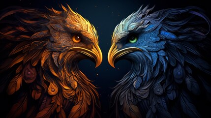 Munin and Kunin - the nordic ravens in gold and blue - obrazy, fototapety, plakaty