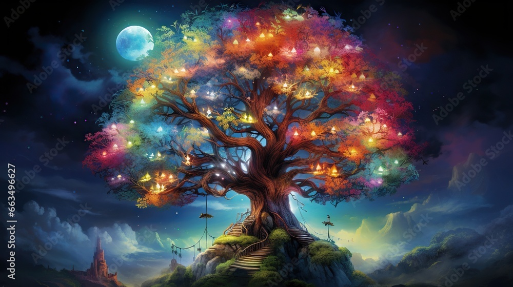 Poster a tree with many lights on it in the night sky. generative ai