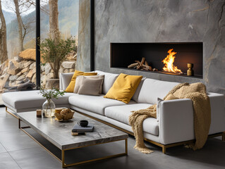 Modern minimalist living room featuring a white sofa adorned with vibrant yellow cushions, set against a concrete accent wall with a central fireplace.