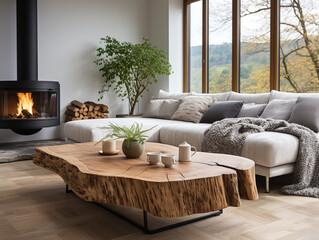 An inviting modern living room with a rustic live edge coffee table, nestled beside a white corner sofa, set against a large window, and enhanced by the warmth of a cozy fireplace.