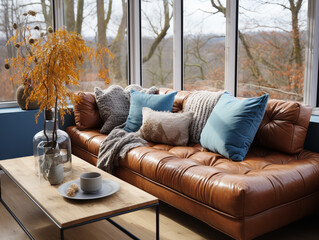 Modern urban living room featuring a plush brown leather sofa with vibrant blue cushions.