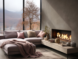 Contemporary urban living room design with a sleek grey sofa positioned near a panoramic window, flanked by a stylish fireplace.
