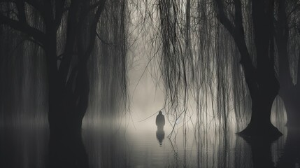 Obraz premium a person standing in the middle of a lake surrounded by trees. generative ai