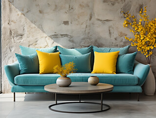 Mid-century modern living room featuring a vibrant teal sofa adorned with sunny yellow pillows set against an industrial chic concrete wall.