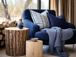Contemporary living room design showcasing a cozy navy blue snuggle chair beside rustic wood stump side tables and a stylish shelving unit.