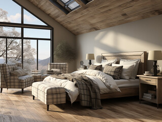 Modern bedroom with an urban farmhouse industrial interior design.