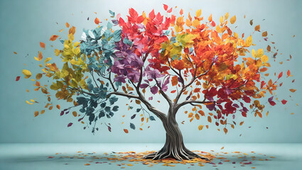Colorful tree with leaves on hanging branches illustration background. 3d abstract wallpaper . Floral tree with multicolor leaves © Amir Bajric