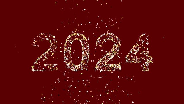 Texte 2024 qui apparait gr&acirc;ce &agrave; des confettis lanc&eacute;s - fond &eacute;toil&eacute; qui avance - couche alpha