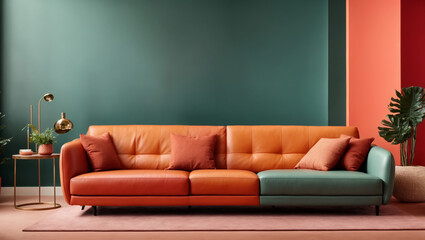 Colorful multicolored leather sofa against pastel orange background, Minimalist home interior design of modern living room. ai generative
