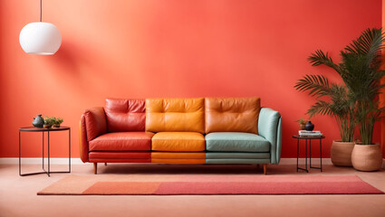Colorful multicolored leather sofa against pastel orange background, Minimalist home interior...