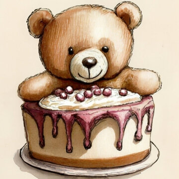 Teddy bear birthday party with cake pencil illustration 