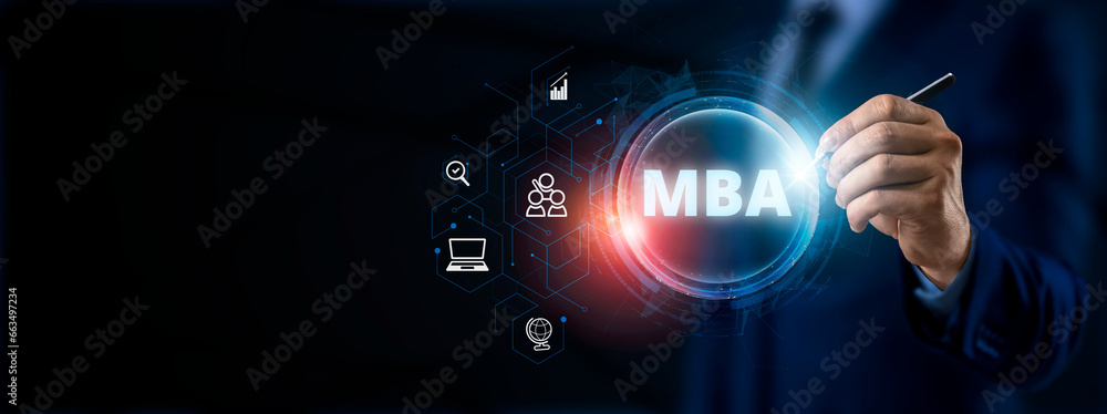 Poster mba master of business administration. transformative learning experience on the digital screen. e-l