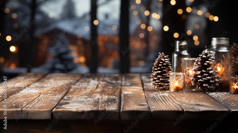 Poster a wooden table topped with jars filled with candles and pine cones. generative ai