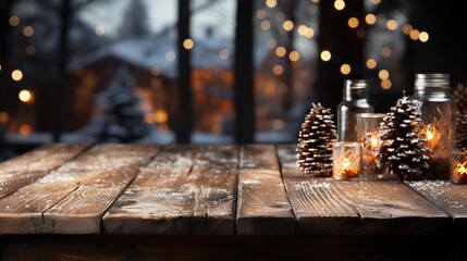  a wooden table topped with jars filled with candles and pine cones.  generative ai - obrazy, fototapety, plakaty