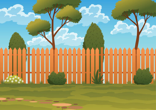 Backyard bbq grill. Outdoor patio background with fence. Summer landscape of yard. Vector cartoon illustration