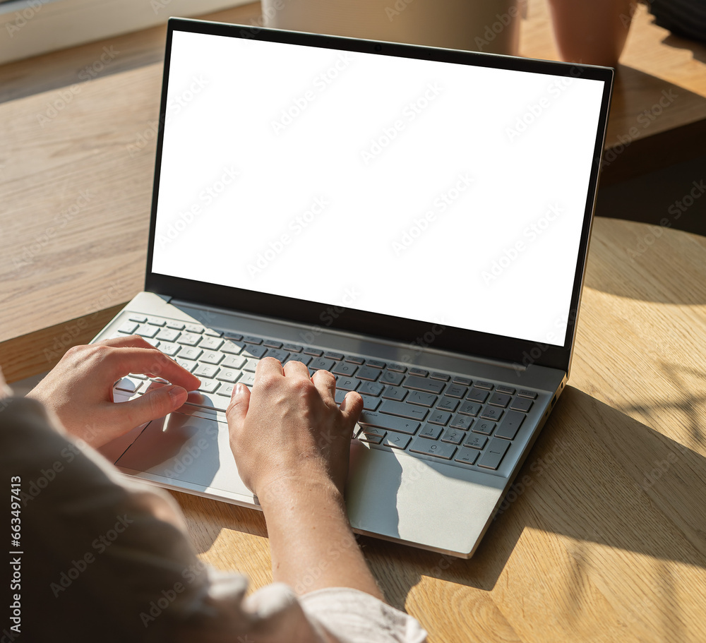 Poster Hands at laptop with screen mockup, empty blank clean display mock upp