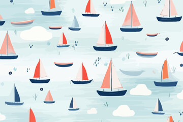 Boats sailing in the distance quirky doodle pattern, wallpaper, background, cartoon, vector, whimsical Illustration