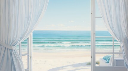 Fototapeta na wymiar a painting of a beach view from a window with curtains. generative ai