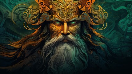 Odin - The nordic god of wisdom in gold and green - obrazy, fototapety, plakaty