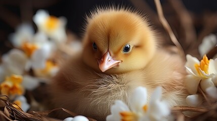  a small yellow duckling sitting in a nest with white flowers.  generative ai