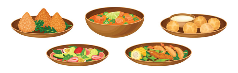 Brazilian Cuisine Dishes and Food Served on Plate Vector Set
