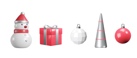 Set of 3d Christmas decoration. Snowman, gift box, balls and tree. White Snowman in red hat and new year elements. Vector icons for Christmas, New year, winter banners isolated on white background.