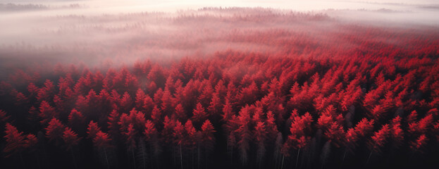 Aerial shot of amazing surreal red forest on a foggy morning